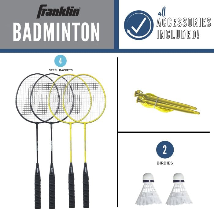 Franklin Sports Badminton Set — Includes 4 Steel Raquets, 1 Net, 2