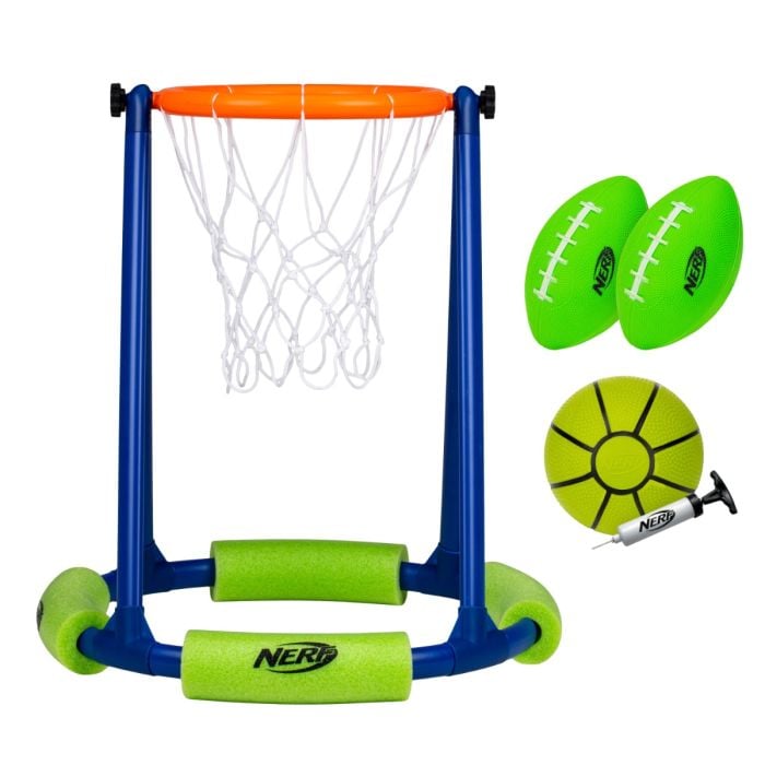 NERF Floating Pool Basketball Hoop + Football Target Net Set - Water ...