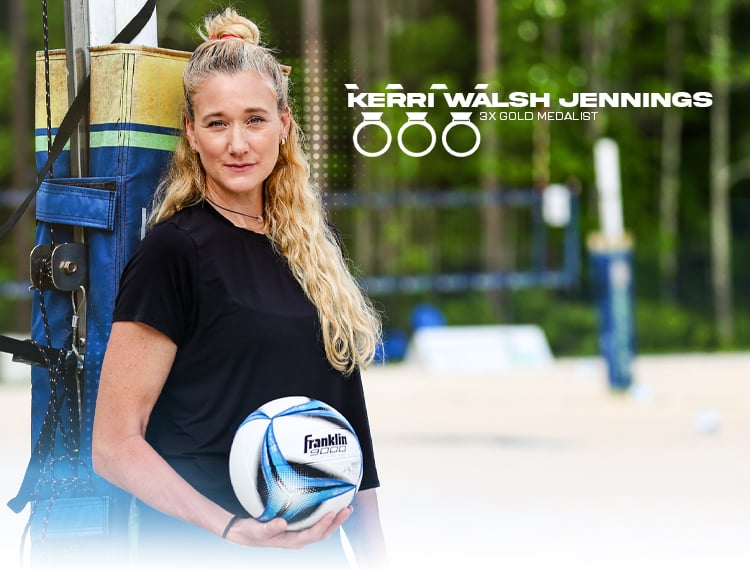 Kerri Walsh Jennings, 3X Gold Medalist holds Franklin's new 9000 Game Beach Volleyball.
