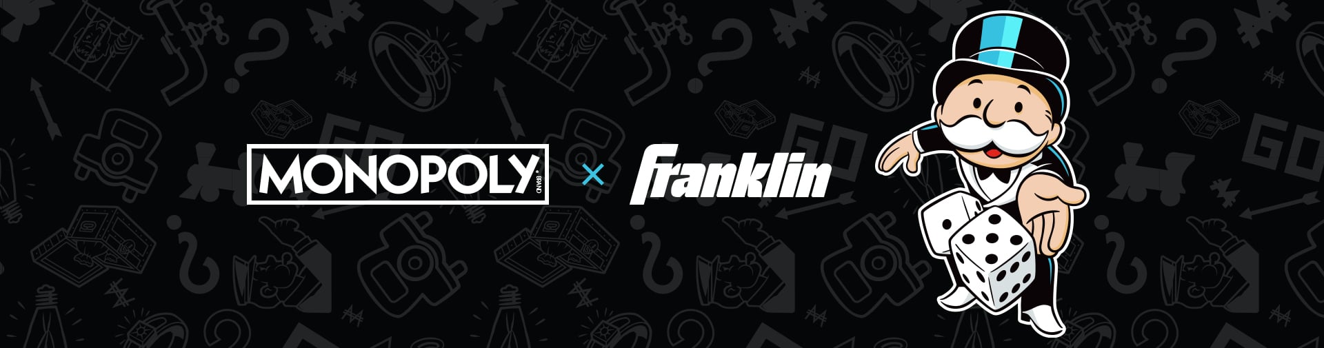 Monopoly x Franklin collaboration banner featuring the Monopoly logo, Franklin logo, and Mr. Monopoly character