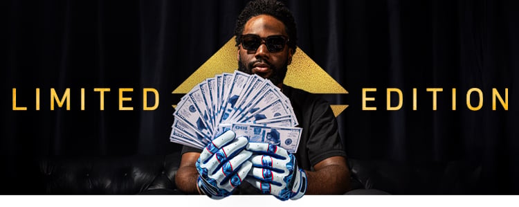 Michael Harris II wearing his limited-edition batting gloves and holding a fan of cash in front of a gold Limited Edition logo