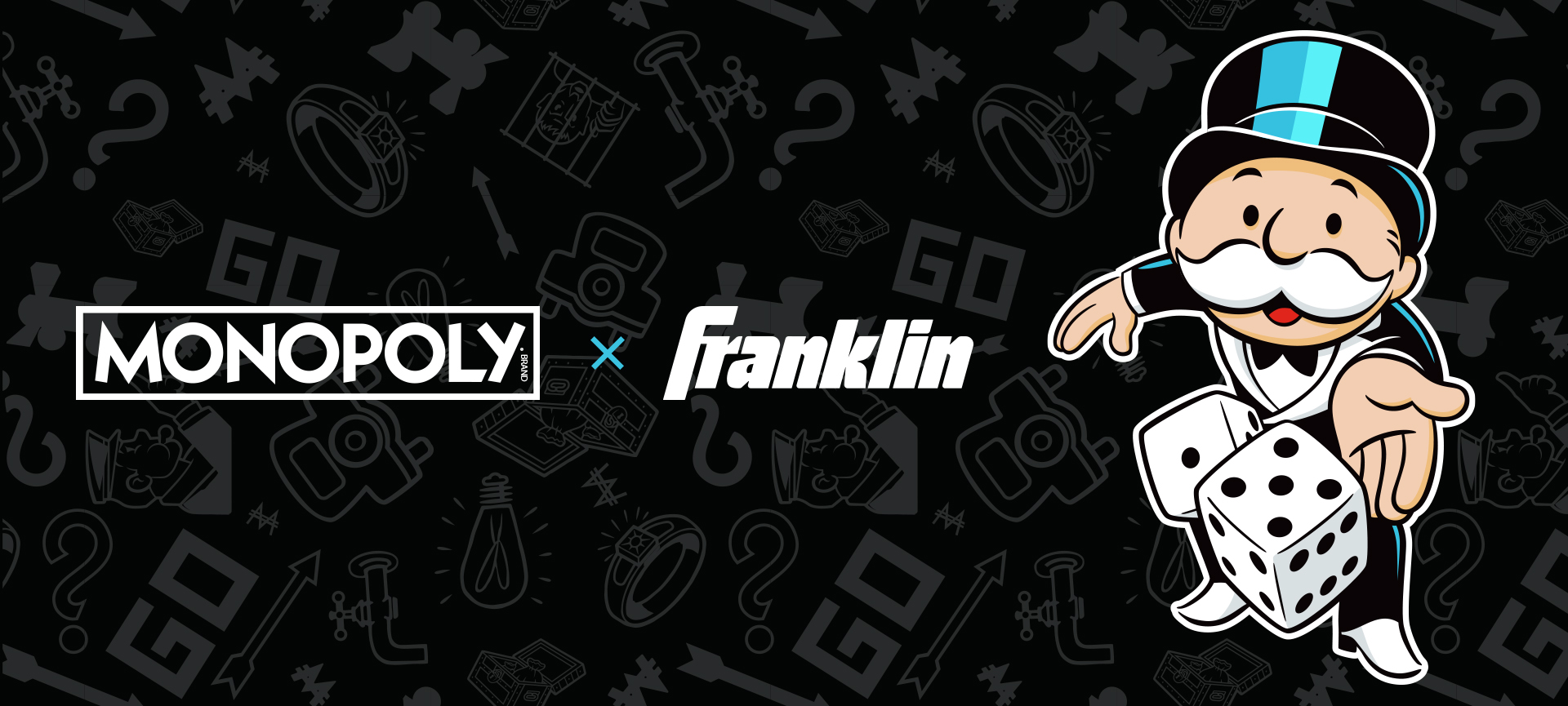 Monopoly x Franklin collaboration banner featuring the Monopoly logo, Franklin logo, and Mr. Monopoly character