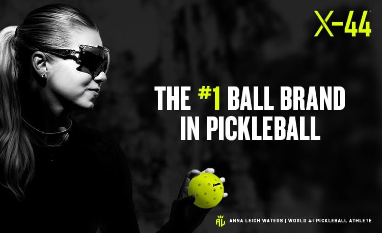 Anna Leigh Waters holds the Franklin Sports X-44 pickleball in a black-and-white promotional banner featuring the headline &ldquo;The #1 Ball Brand in Pickleball.&rdquo;