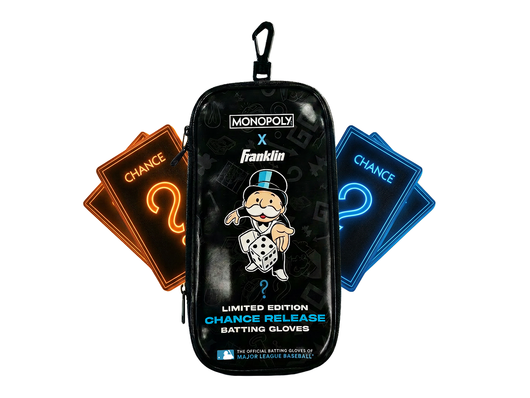 Monopoly x Franklin Limited Edition Chance Release Batting Gloves mystery pouch featuring Mr. Monopoly artwork, with glowing orange and blue Chance cards behind the pouch.