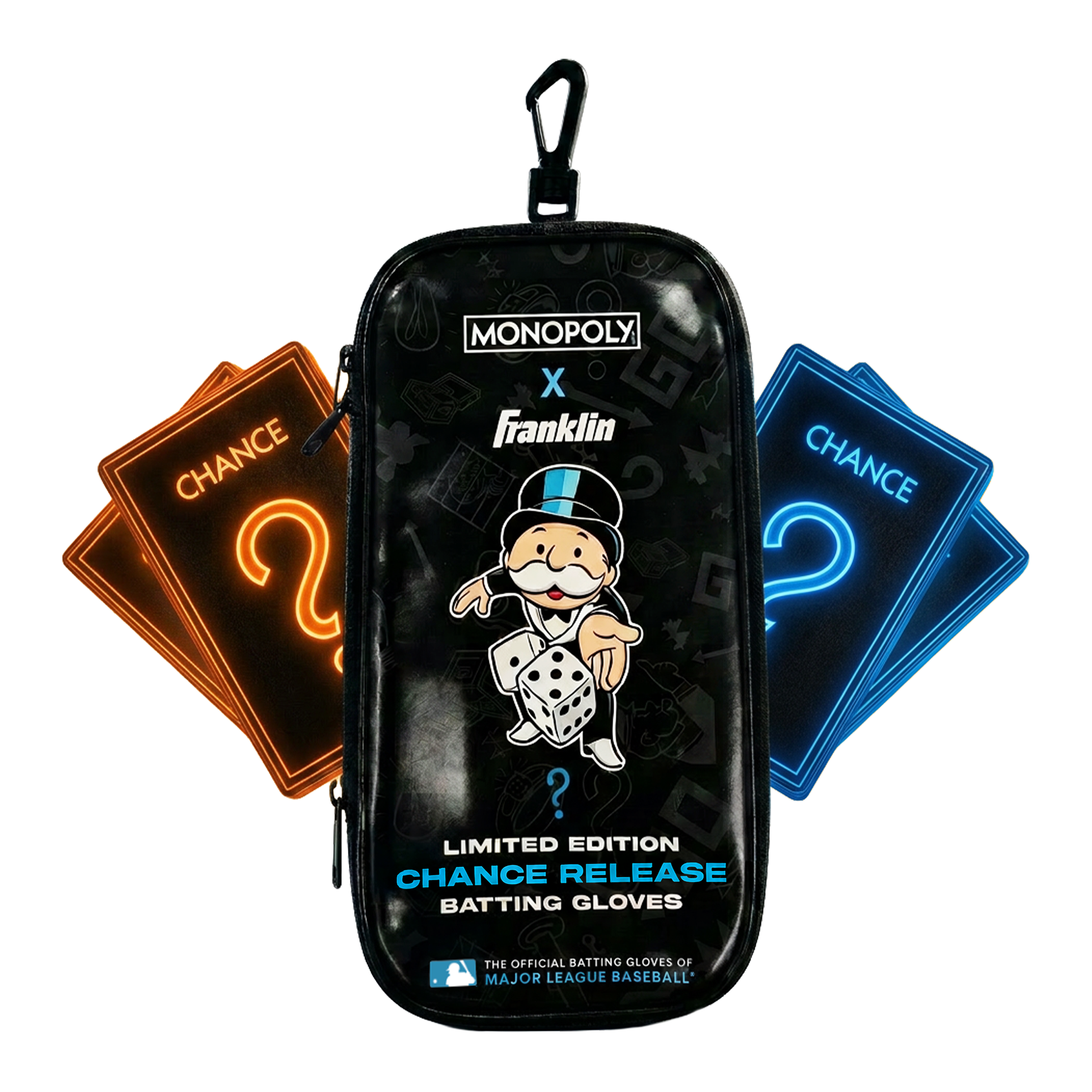 Monopoly x Franklin Limited Edition Chance Release Batting Gloves mystery pouch featuring Mr. Monopoly artwork, with glowing orange and blue Chance cards behind the pouch.