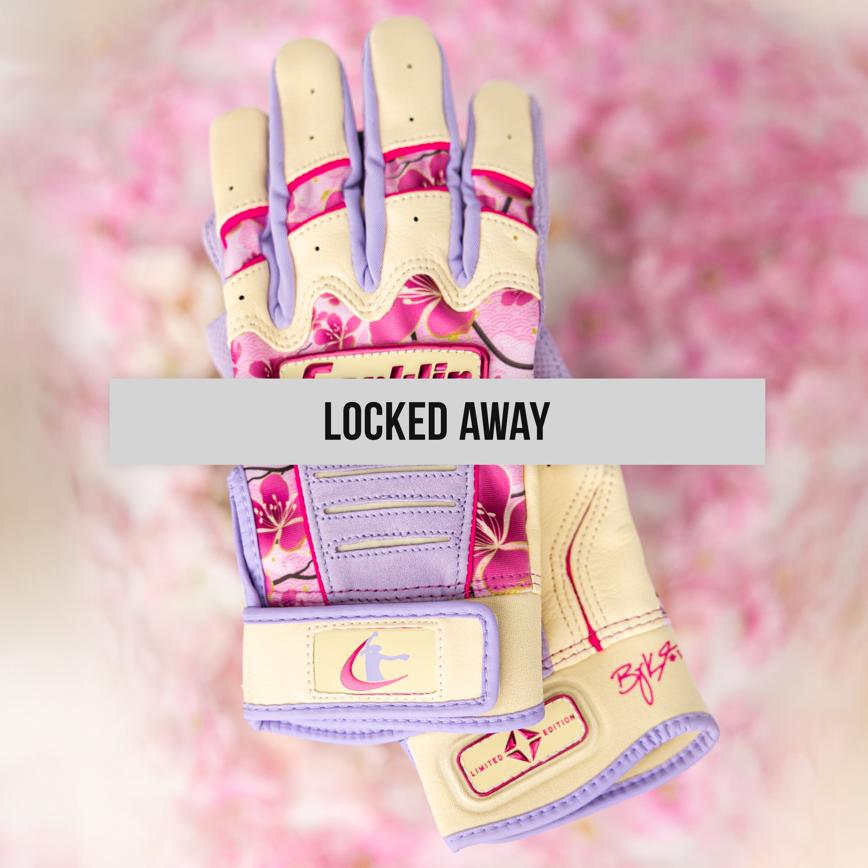Franklin Michael Harris II limited edition batting gloves in Cold Cash colorway with a "Locked Away" banner across the center